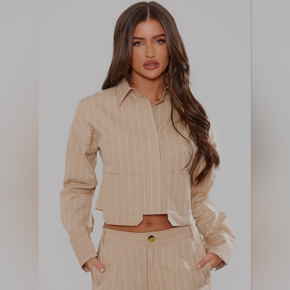 Tan Striped Button-Up Shirt
